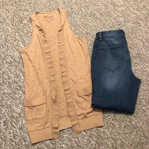 Decree Blend Long Cardigan Sleeveless With Pockets Tan Size Medium